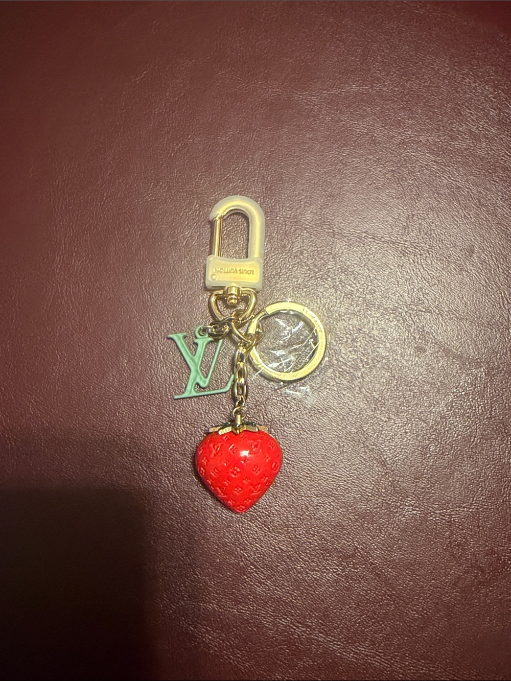 Red Strawberry Heart Key Charm with Goldtone hardware